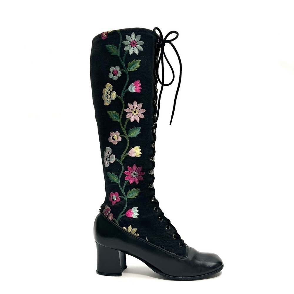 Vintage 1970s black canvas floral embroidered lace up knee high Penny Lane boots